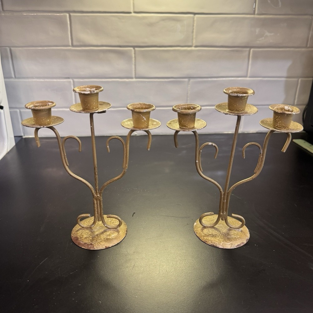 Set Of 2 Candelabra 3 Arm Candle Holders Gold Tone Flake Distressed Patina